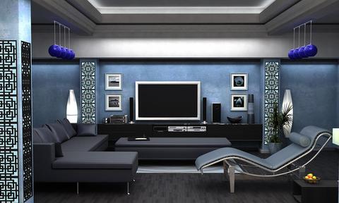 Contemporary Family Room with beautiful tray ceiling with ambient lighting