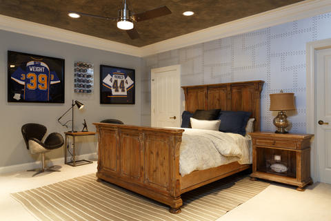 Contemporary Bedroom with thick white crown molding