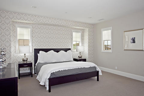 Contemporary Bedroom with wide white floor molding