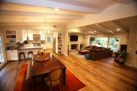 Modern Dining Room with brown cherry hardwood flooring