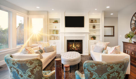 Transitional Living Room with upholstered wingback chairs