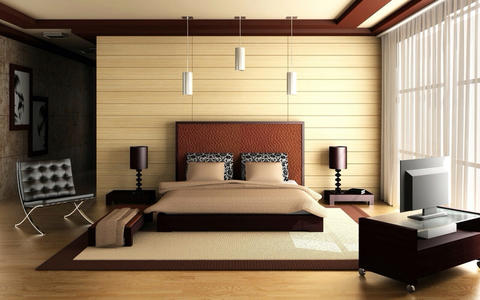 Contemporary Bedroom with dark wood low end tables