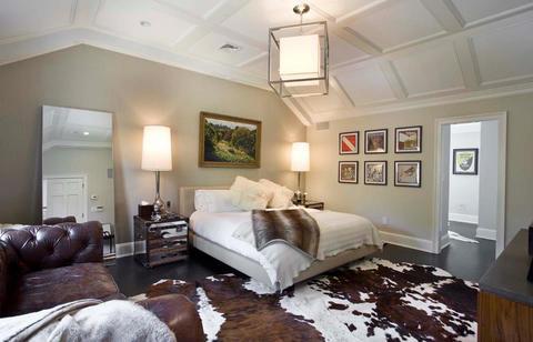 Contemporary Bedroom with large rectangular ceiling mounted light fixture