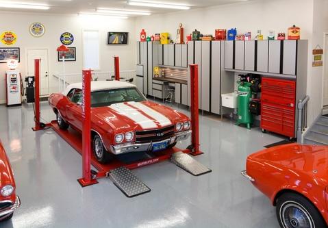 Modern Garage with grey slab panel cabinets