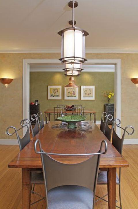 Eclectic Dining Room with eight person dining table