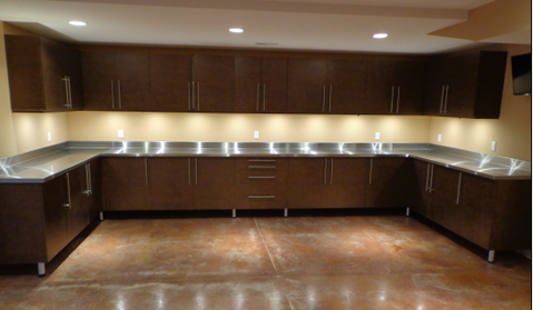 Modern Garage with below cabinet lighting