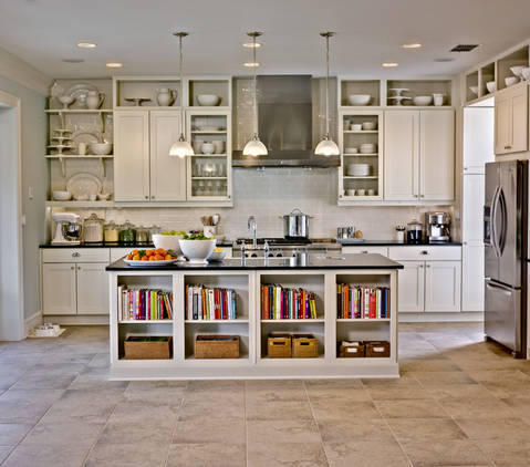 Transitional Kitchen with white recessed panel cabinetry