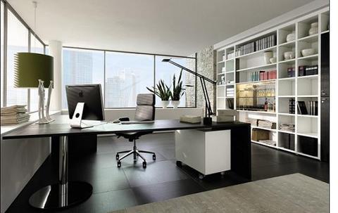 Contemporary Home Office with checkerboard laminate floor