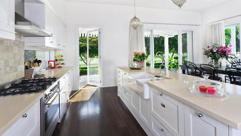 Transitional Kitchen with high arc chrome kitchen faucet