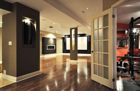 Contemporary Basement with white frosted glass french door