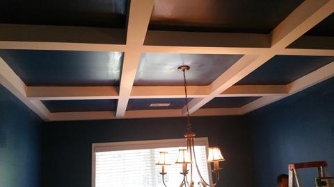 Contemporary Dining Room with navy painted coffered ceiling