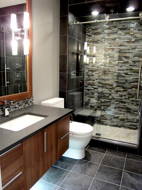 Contemporary Bathroom with sliding barn glass shower door