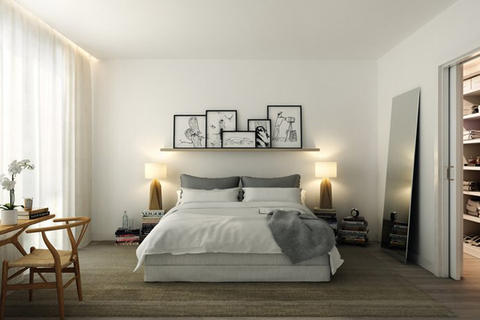 Contemporary Bedroom with frameless large standing mirror
