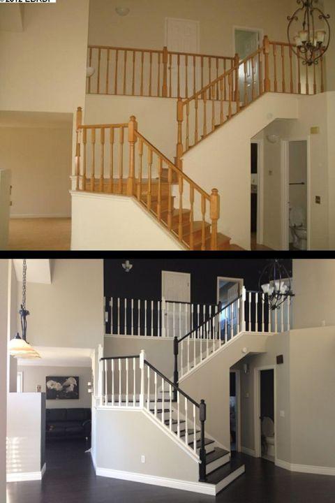 Transitional Entry with black turned wood newel post