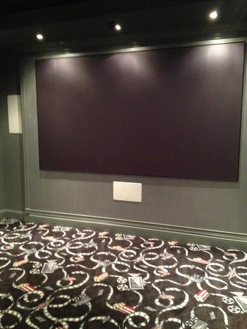 Traditional Home Theater with movie themed carpet