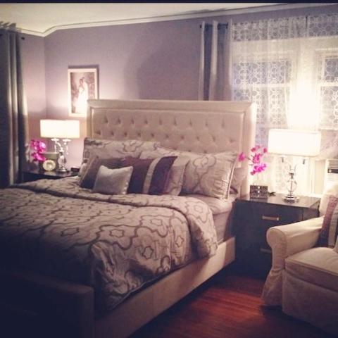 Transitional Bedroom with light purple and cream bedroom