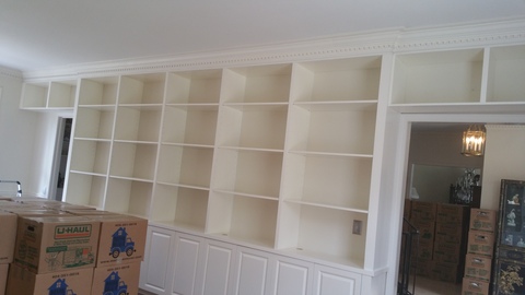 Transitional Library with off white painted book case