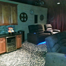 Eclectic Home Theater with glass pencil tile backsplash