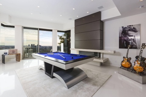 Contemporary Family Room with blue felt pool table top