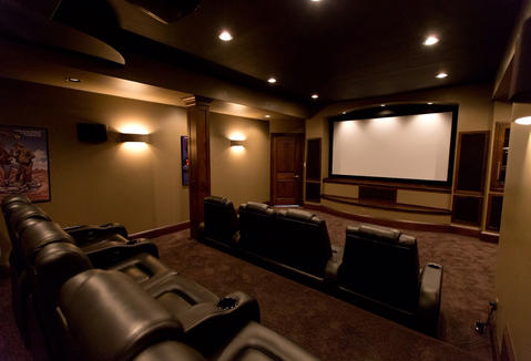 Traditional Home Theater with brown leather theater seating