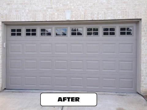 Transitional Garage with gray panel two car garage door