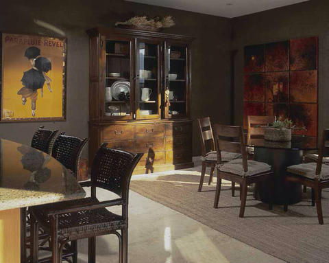 Eclectic Dining Room with dark gray painted walls
