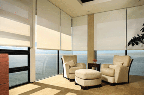 Contemporary Family Room with motorized window blinds