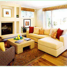 Eclectic Family Room with woven rattan coffee table