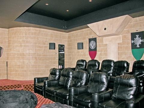 Casual / Comfortable Home Theater with red and tan patterned carpet