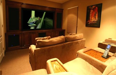 Traditional Home Theater with beige microfiber theater seats