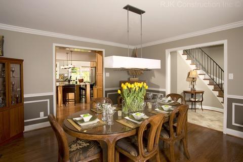 Transitional Dining Room with medium wood stained floor