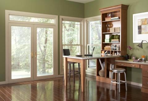 Contemporary Home Office with exterior glass panel double doors