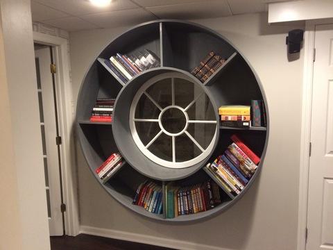 Eclectic Basement with circular book shelf