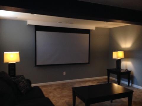 Traditional Home Theater with black coffee table