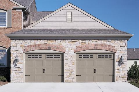 Transitional Garage with faux beadboard wood panel doors