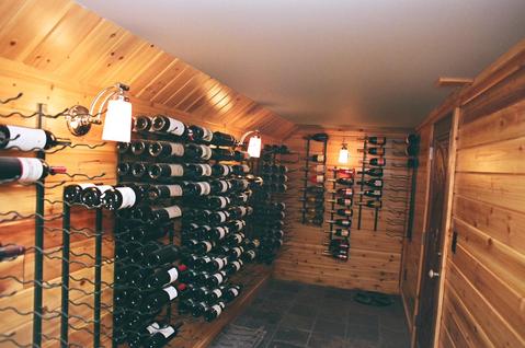 Transitional Wine Cellar with wood panel walls