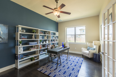 Contemporary Home Office with blue and white geometric pattern rug