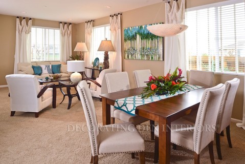 Transitional Dining Room with tall white patterned curtains