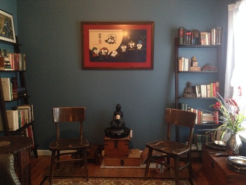 Eclectic Library with benjamin moore azurite painted wall