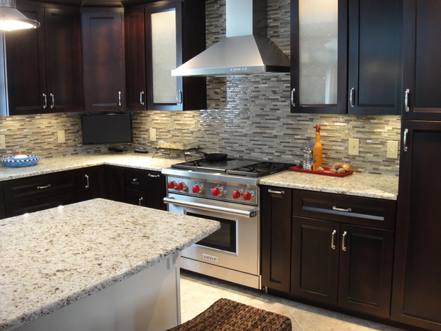 Transitional Kitchen in Tamaqua - gas range, glass pencil tile ...