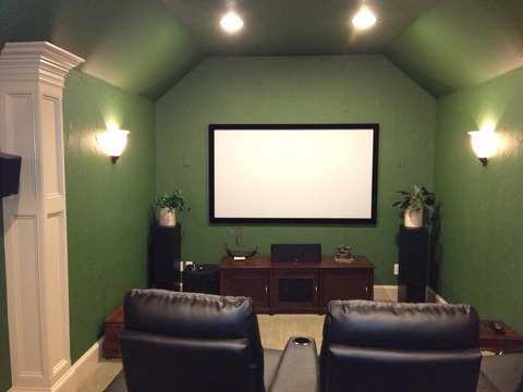 Traditional Home Theater with wall mounted theater screen