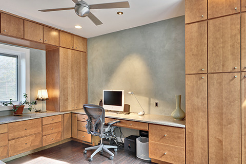 Contemporary Home Office with stainless steel ceiling fan