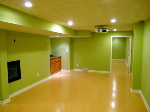 Eclectic Home Theater with bright green wall paint