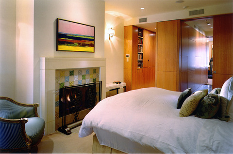 Contemporary Bedroom with custom mosaic tile fireplace surround