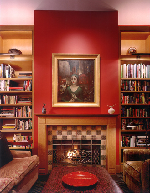 Eclectic Library with checkerboard fireplace tile