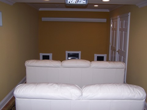Traditional Home Theater with bi level home theater