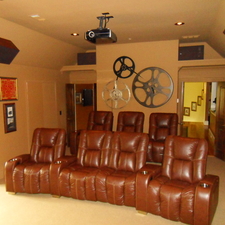 Eclectic Home Theater with solid core wood double doors