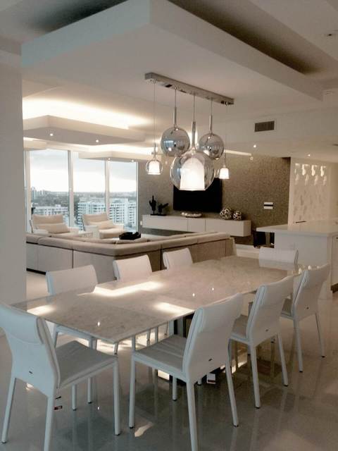 Modern Dining Room with glass polished chrome light