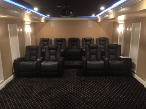 Traditional Home Theater with patterned navy blue carpeting