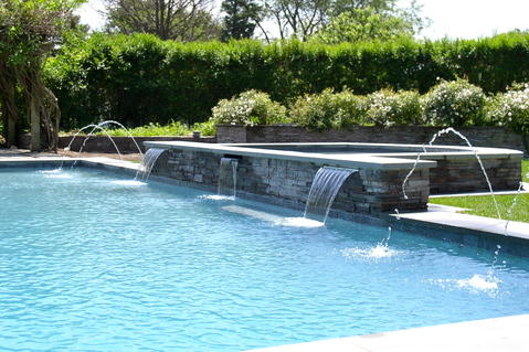 Contemporary Pool with bushes fence for privacy